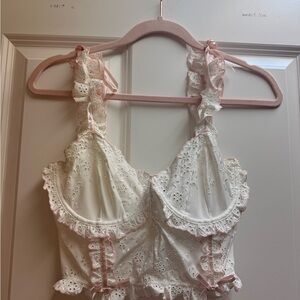 For Love & Lemons Cream Eyelet Ruffle Crop Top with Pink Trim